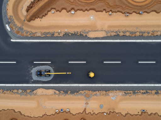 高速公路施工现场,工人正在铺设土工布进行路基处理